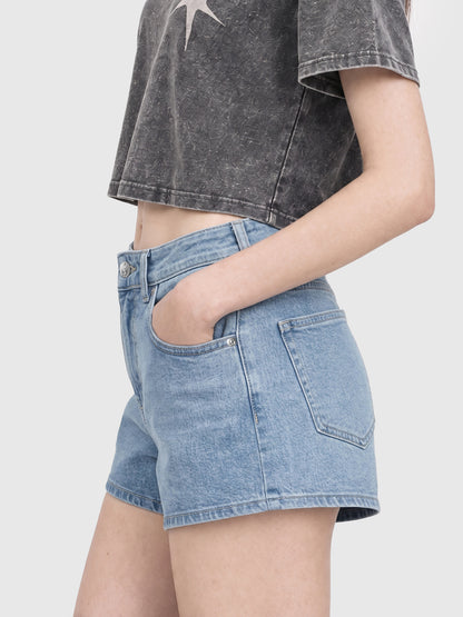 Model wearing RB20260303 women's high-rise denim shorts in Light Blue, side view