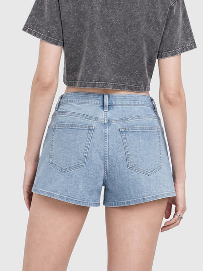 Model wearing RB20260303 women's high-rise denim shorts in Light Blue, back view