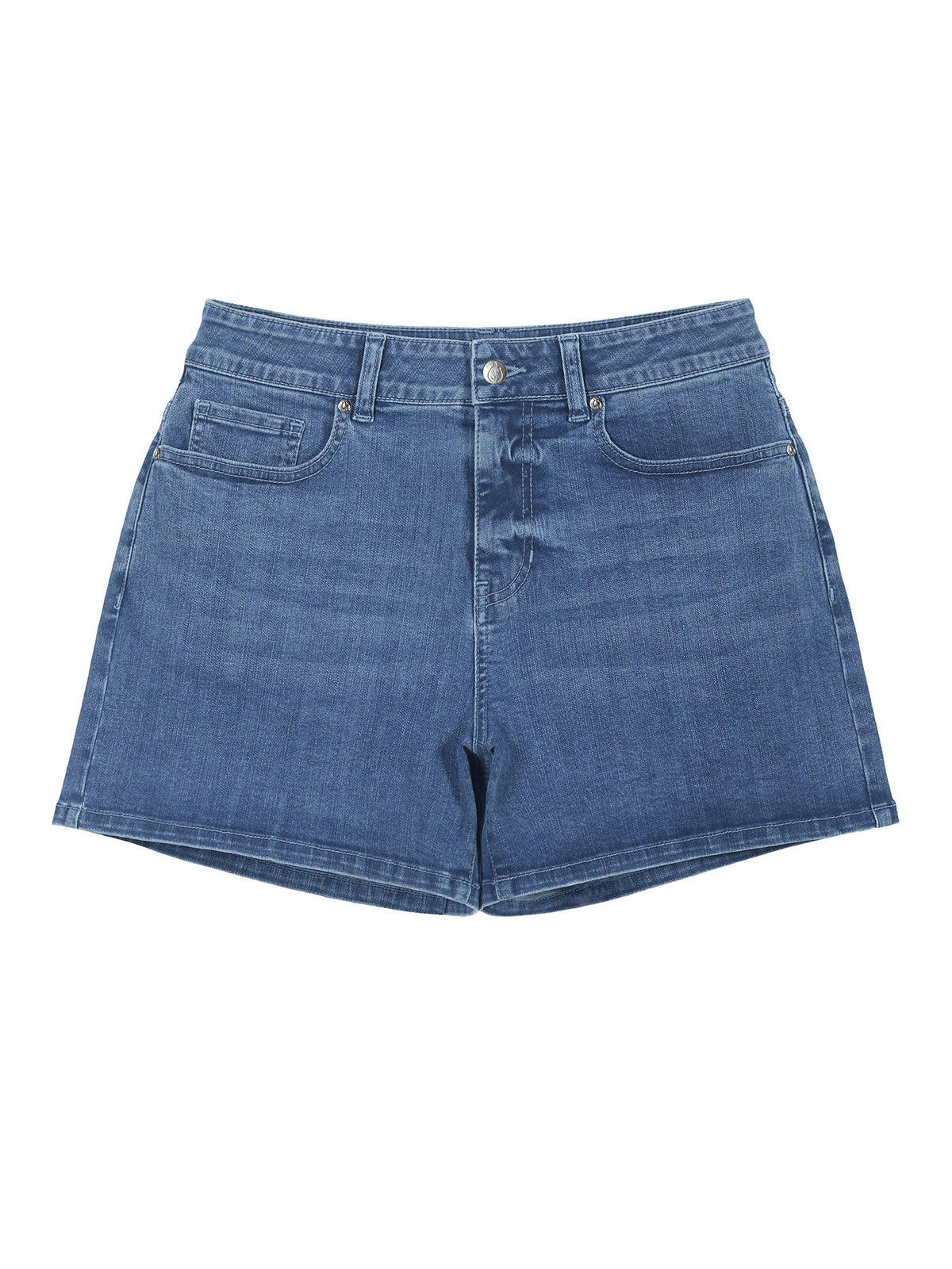 RB20260303 women's high-rise denim shorts in Indigo, front product view