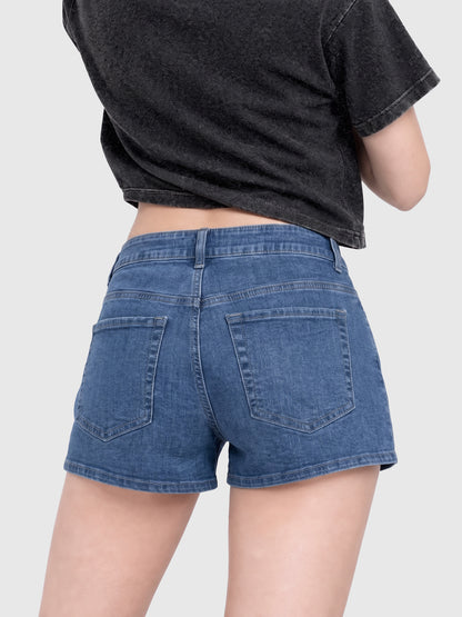 Model wearing RB20260303 women's high-rise denim shorts in Indigo, back view 2