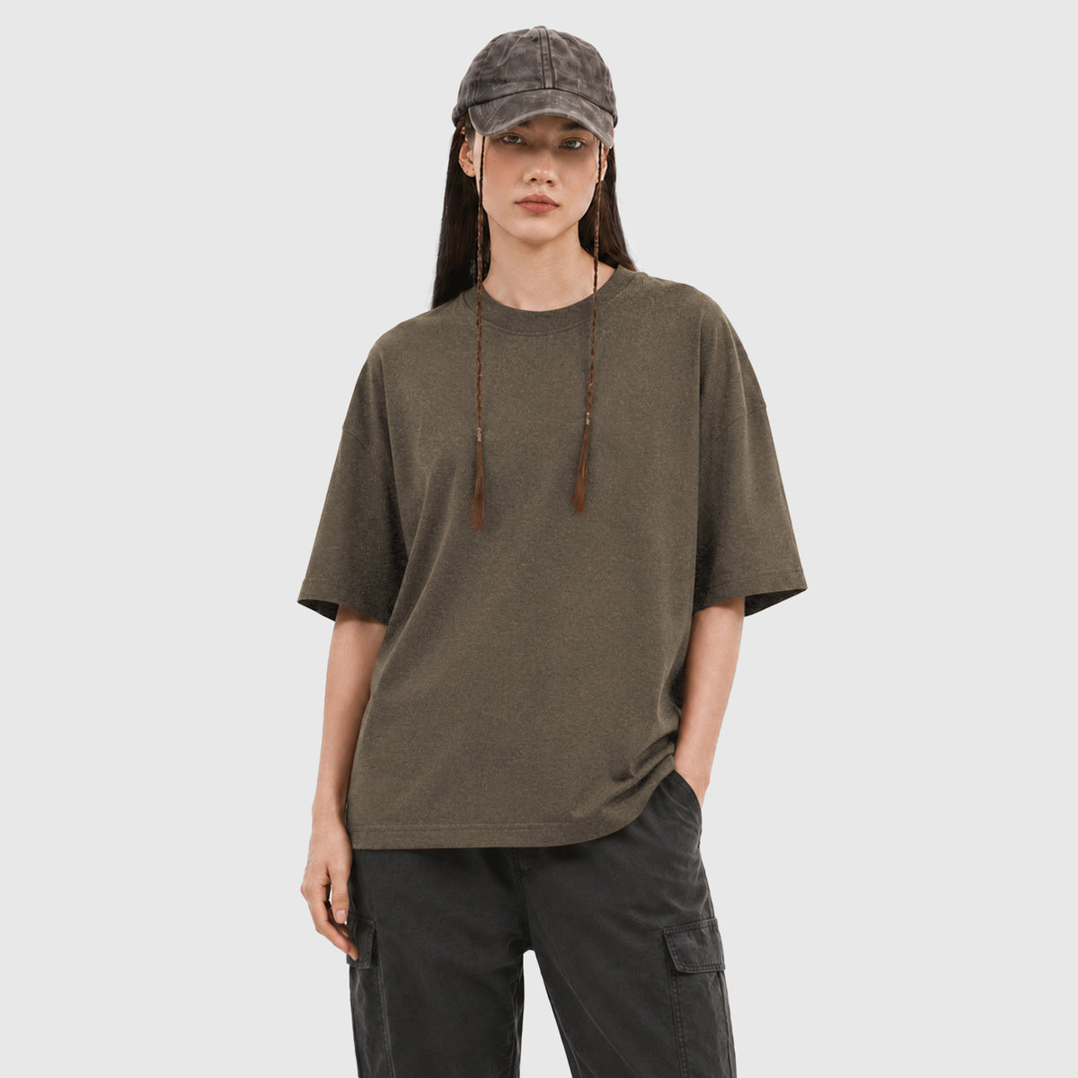 Model wearing X26011 vintage washed T-shirt in Washed Brown, front view