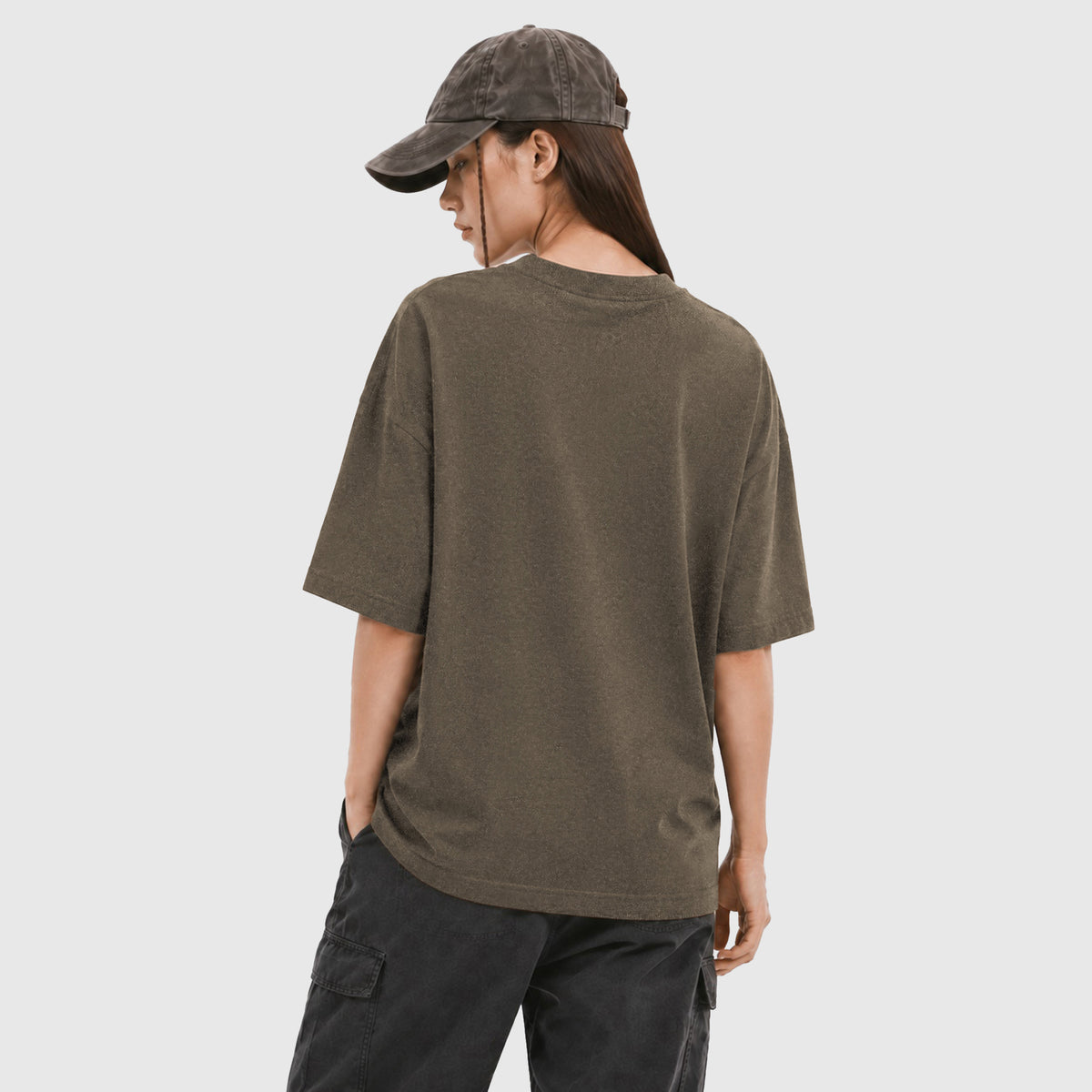 Model wearing X26011 vintage washed T-shirt in Washed Brown, back view
