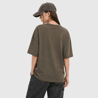 Model wearing X26011 vintage washed T-shirt in Washed Brown, back view
