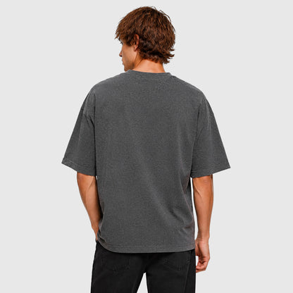 Model wearing X26011 vintage washed T-shirt in Washed Dark Gray, back view