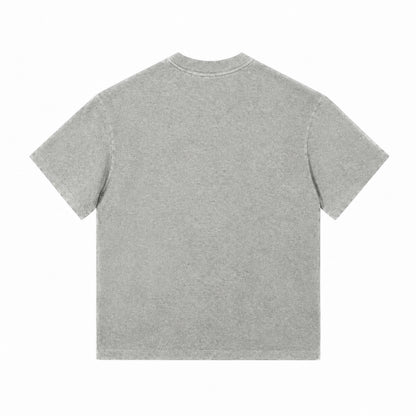 Model wearing X26011 vintage washed T-shirt in Washed Light Gray, back view