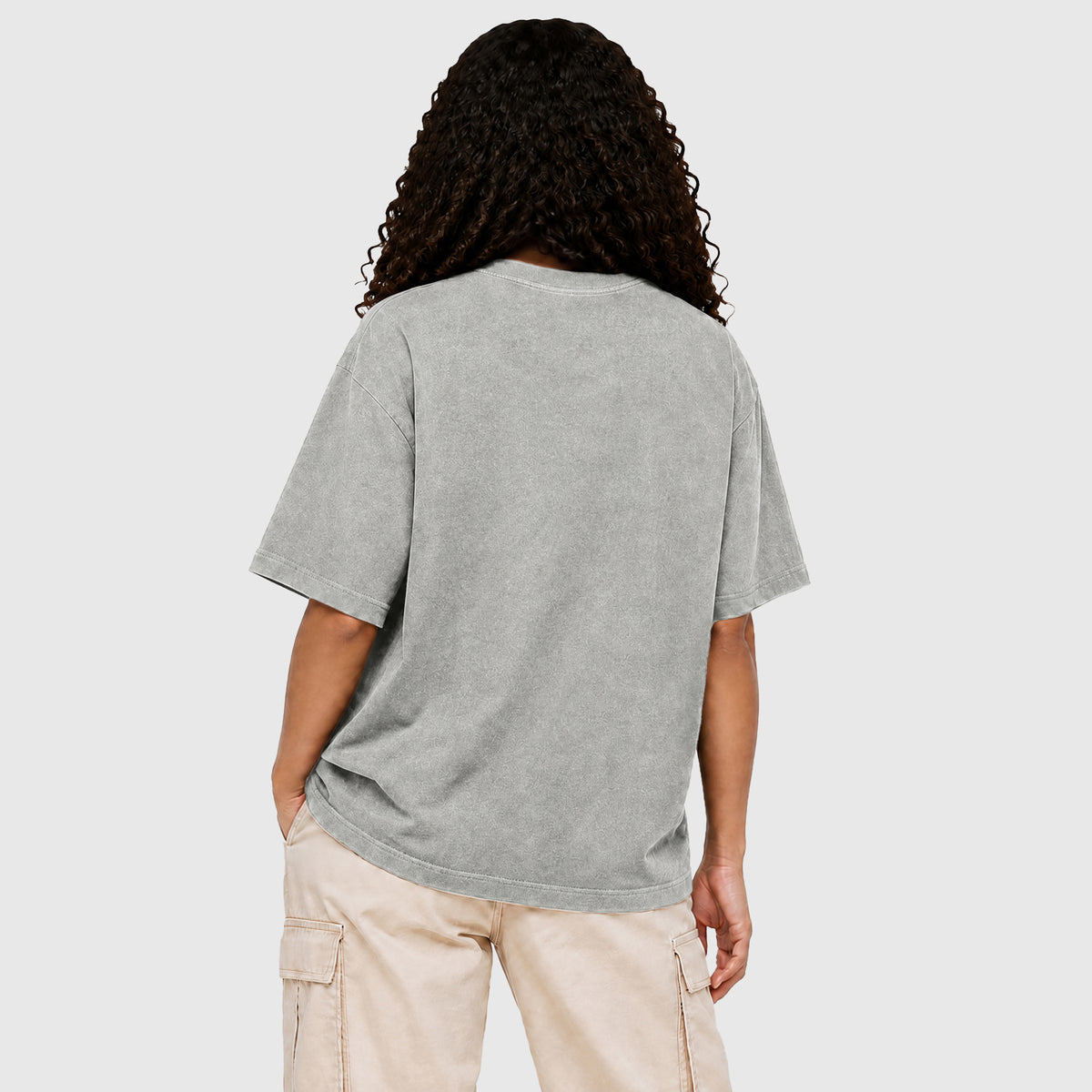 Model wearing X26011 vintage washed T-shirt in Washed Light Gray, back view