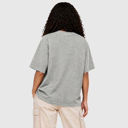 Model wearing X26011 vintage washed T-shirt in Washed Light Gray, back view
