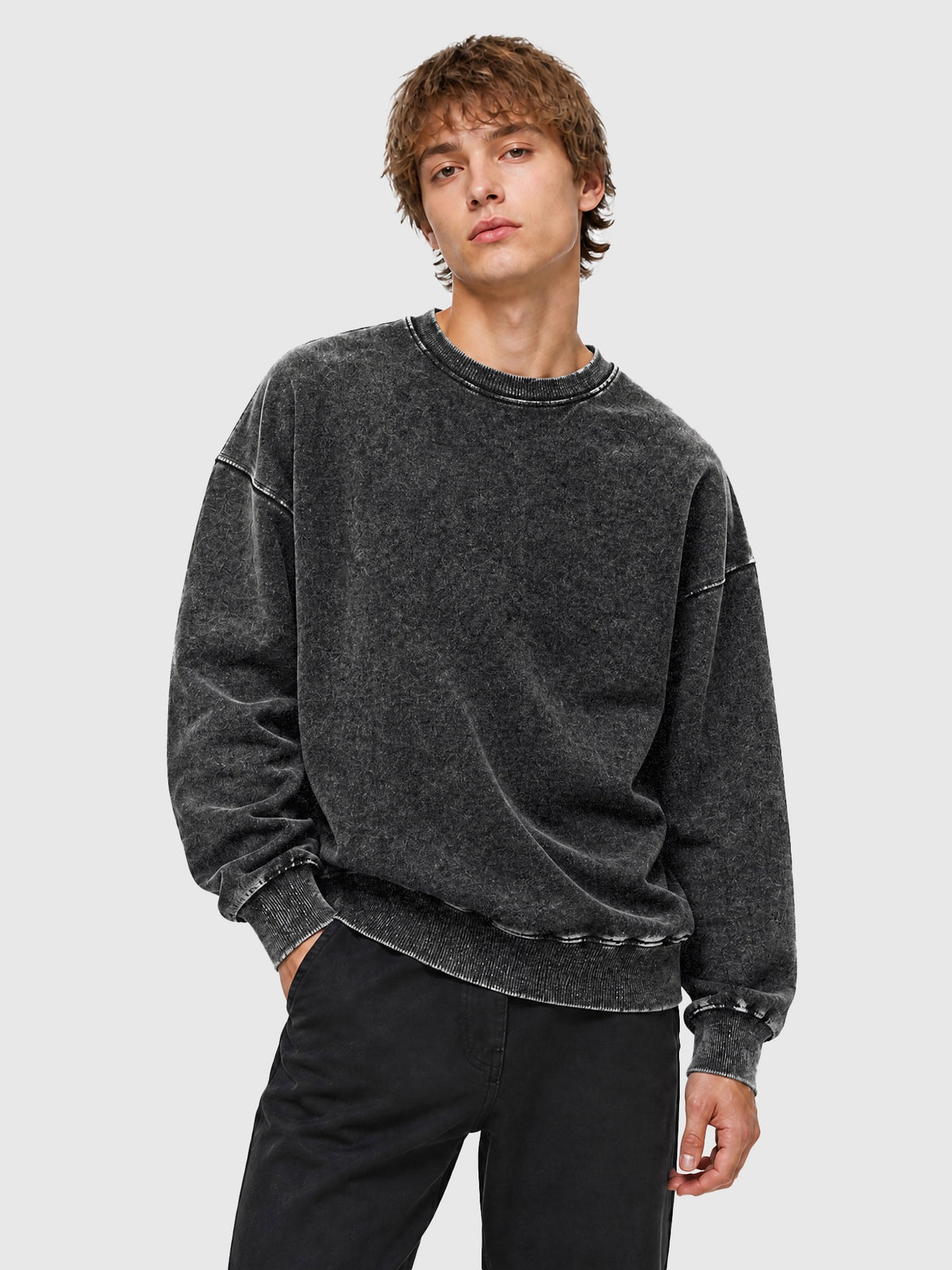 Model wearing Y3505 vintage crewneck sweatshirt in Washed Black, front view