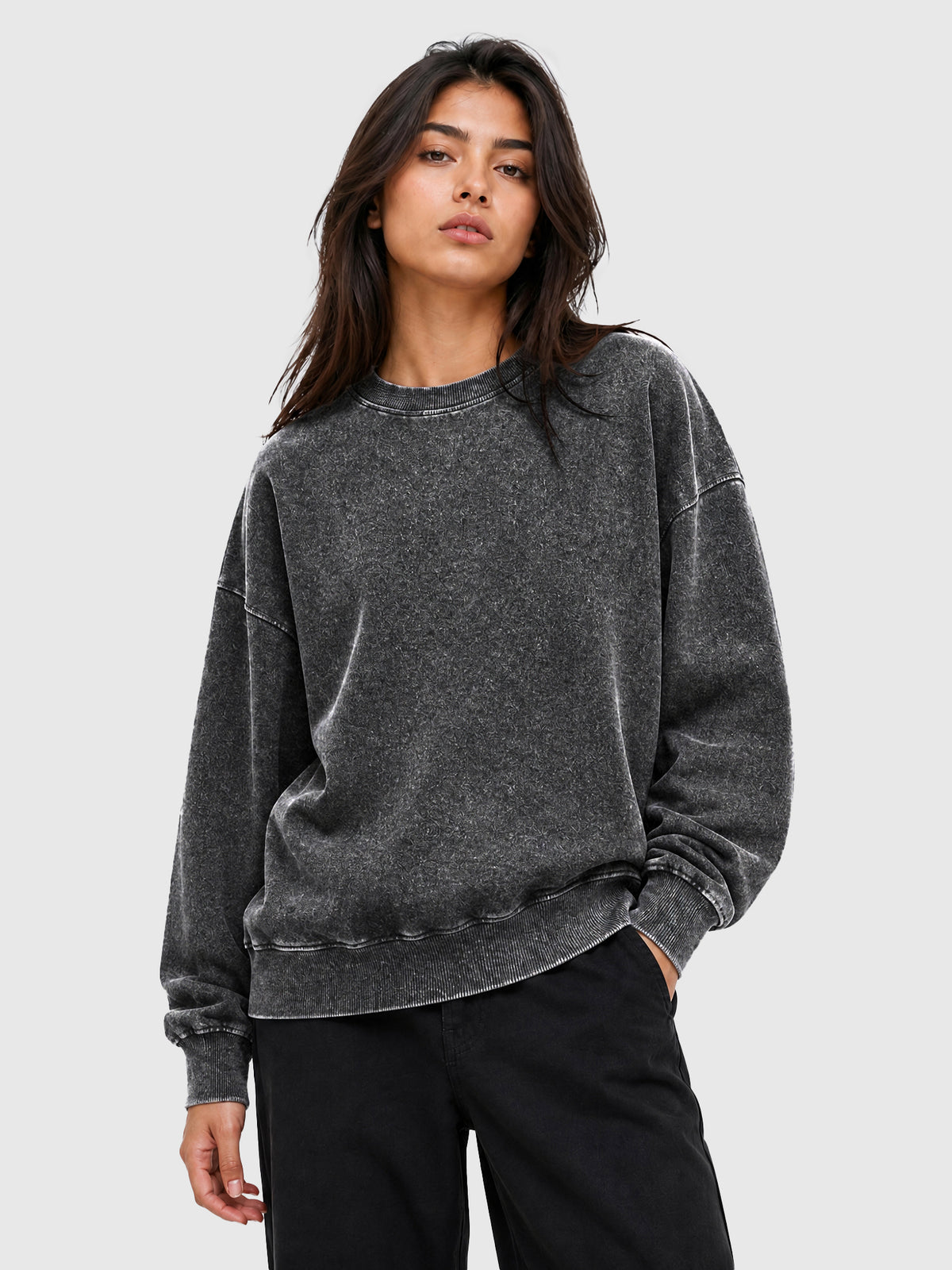 Model wearing Y3505 vintage crewneck sweatshirt in Washed Black, front view