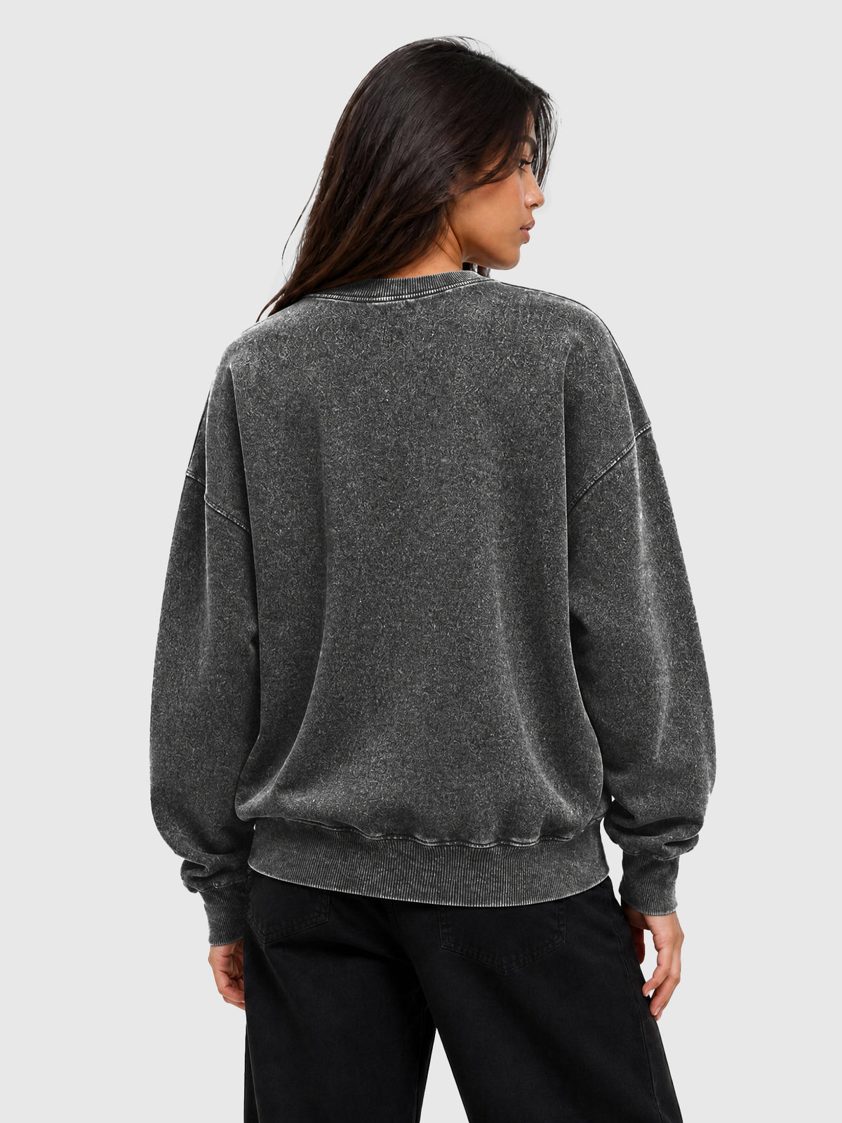 Model wearing Y3505 vintage crewneck sweatshirt in Washed Black, back view