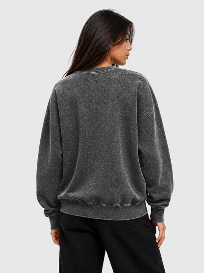 Model wearing Y3505 vintage crewneck sweatshirt in Washed Black, back view
