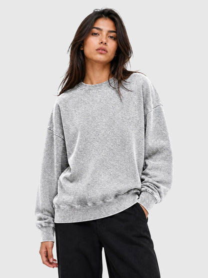 Model wearing Y3505 vintage crewneck sweatshirt in Washed Gray, front view