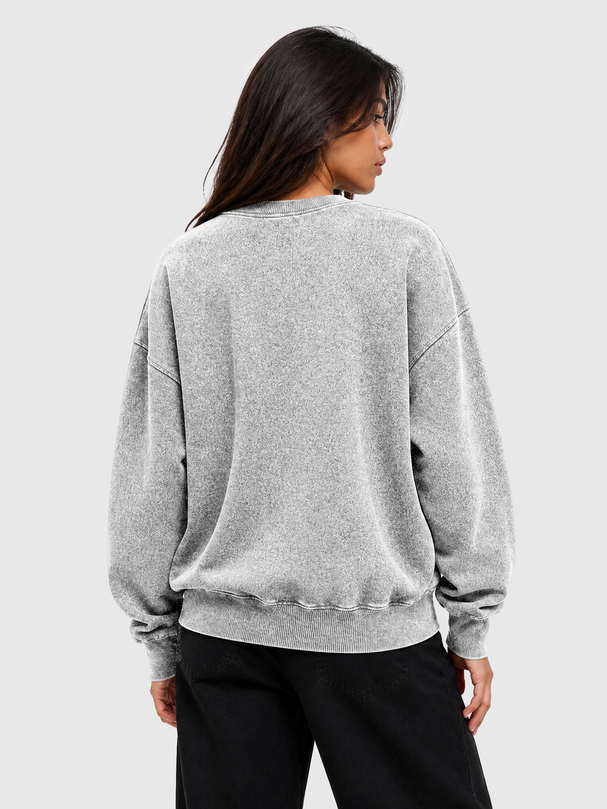 Model wearing Y3505 vintage crewneck sweatshirt in Washed Gray, back view
