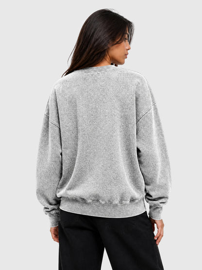 Model wearing Y3505 vintage crewneck sweatshirt in Washed Gray, back view