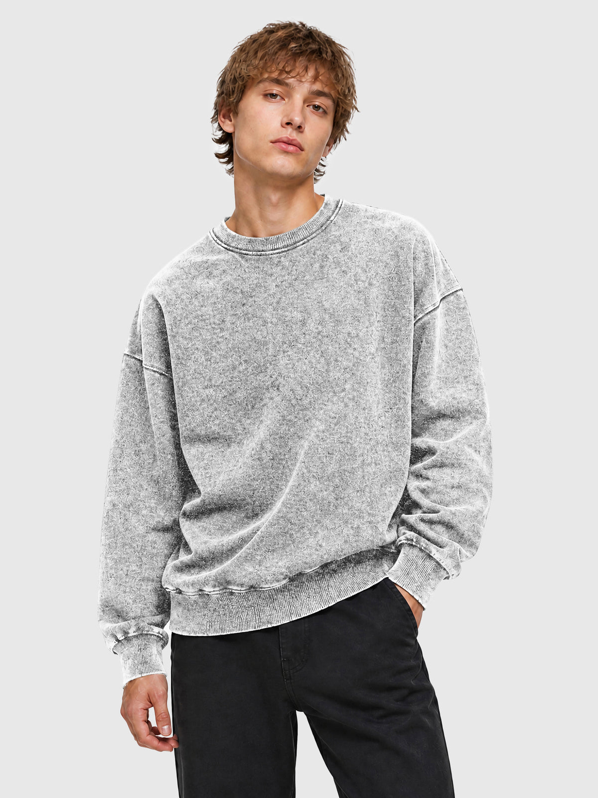 Model wearing Y3505 vintage crewneck sweatshirt in Washed Gray, front view