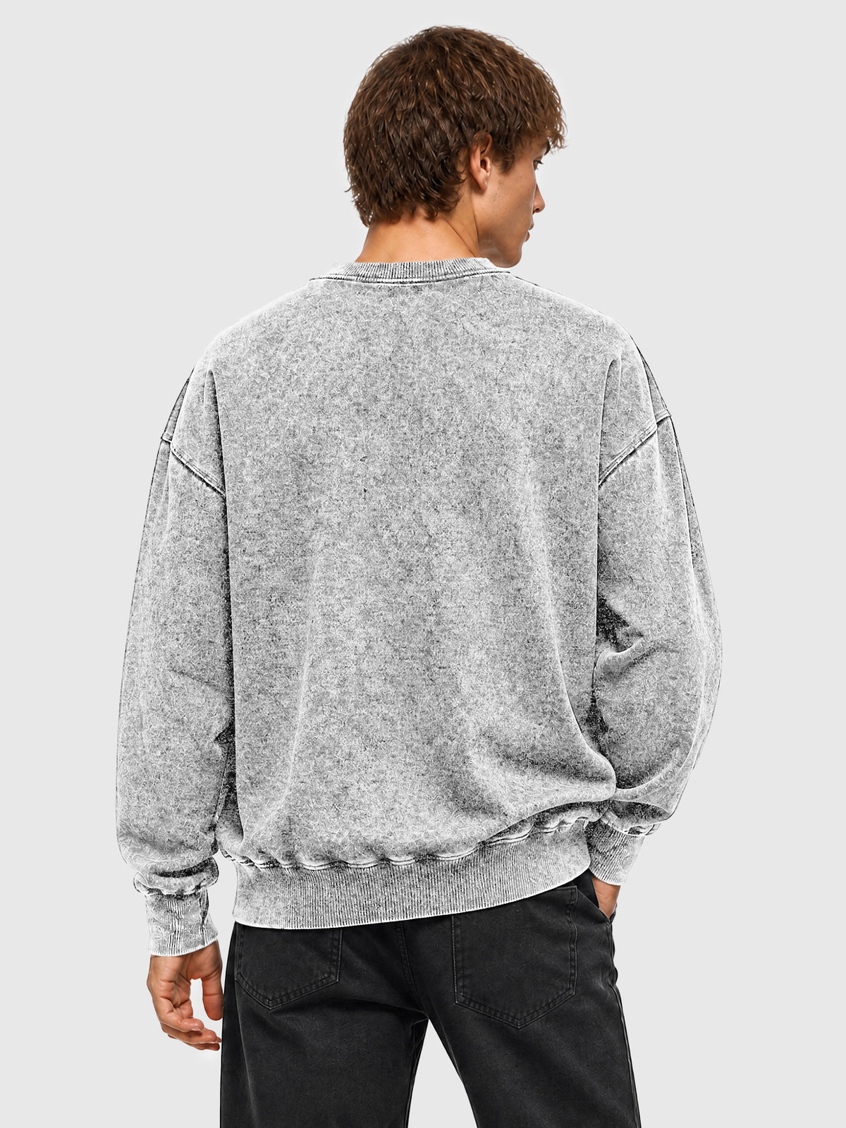Model wearing Y3505 vintage crewneck sweatshirt in Washed Gray, back view